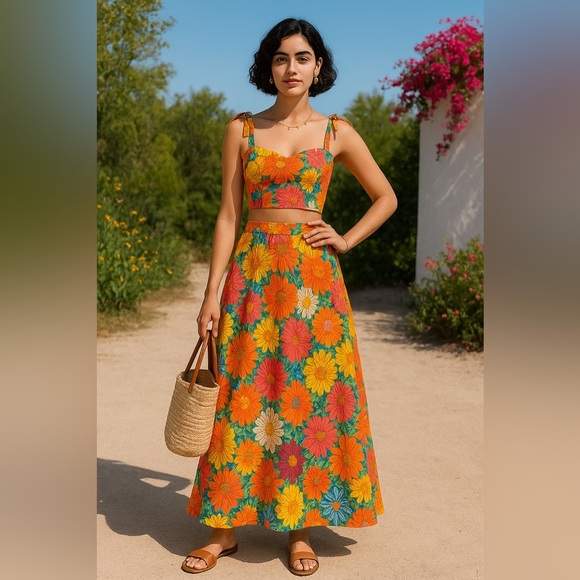 Vibrant Floral Crop Top and Skirt Set - Picture 1 of 5